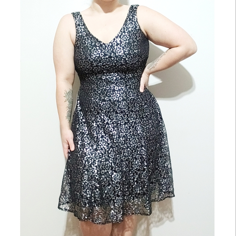 🥰Y2K Metallic Floral Lace A Line Dress - Silver/Black